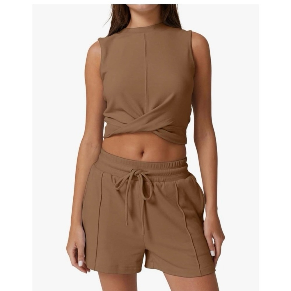 Casual Drawstring Women’s Shorts &Shirt Set- Brown - Picture 4 of 5